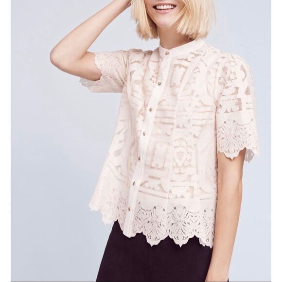 Anthropologie Floreat Sagesse Lace Button Front Blouse size 6 Cream - Picture 1 of 10